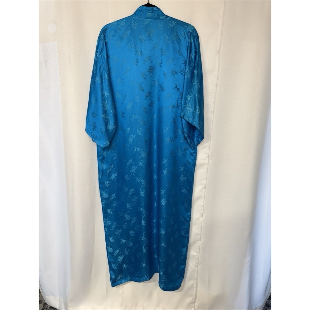 VTG Lotus Brand Blue Floral Jacquard Maxi Pure Silk Satin Kimono Dress M Asian - Picture 8 of 10